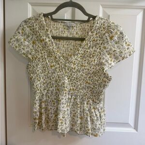 American Eagle Outfitters Floral Smocked Blouse - White and Yellow Size XS